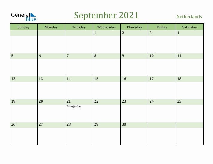 September 2021 Calendar with The Netherlands Holidays