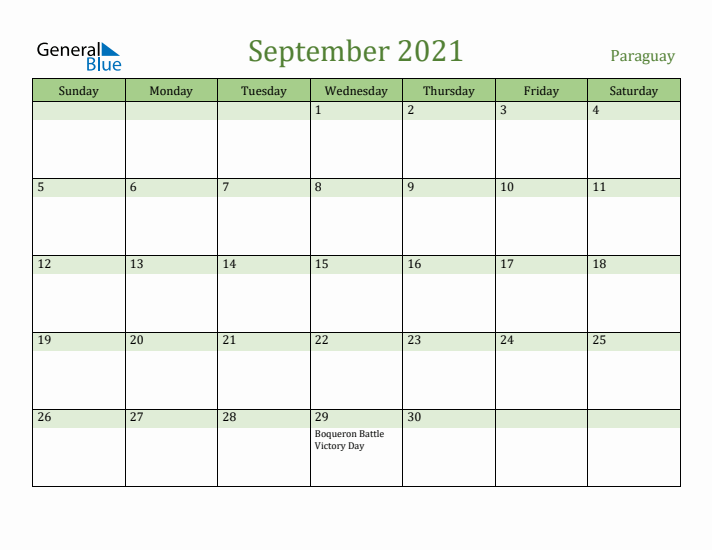 September 2021 Calendar with Paraguay Holidays