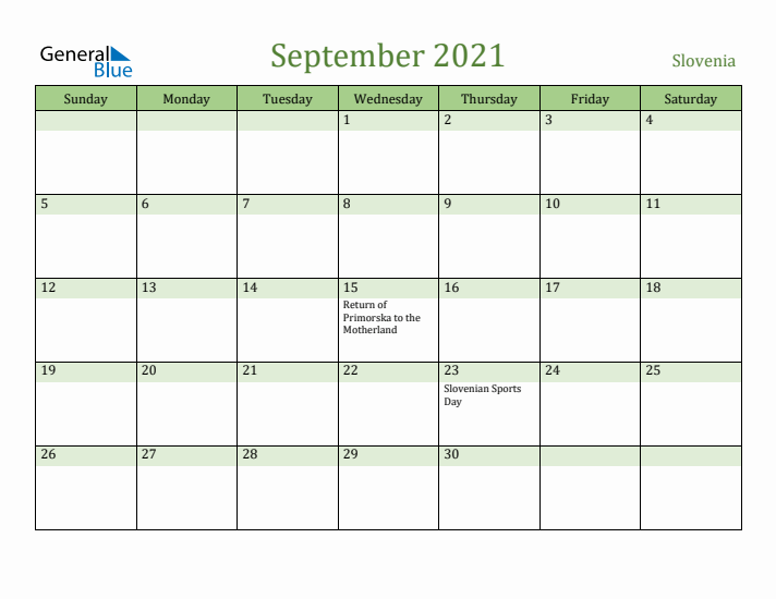 September 2021 Calendar with Slovenia Holidays