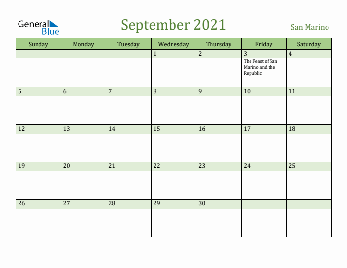 September 2021 Calendar with San Marino Holidays