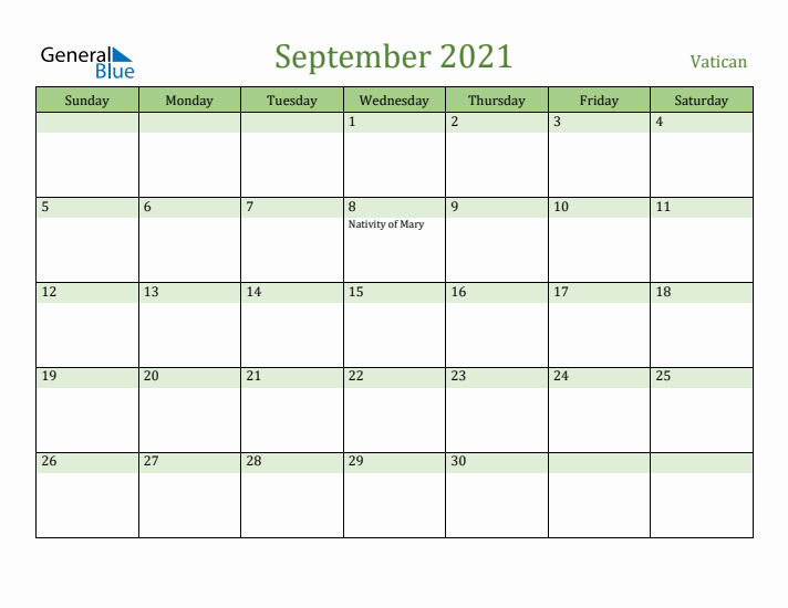 September 2021 Calendar with Vatican Holidays