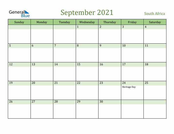 September 2021 Calendar with South Africa Holidays
