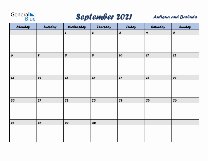 September 2021 Calendar with Holidays in Antigua and Barbuda