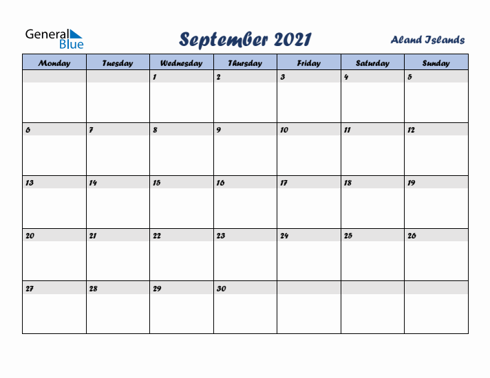 September 2021 Calendar with Holidays in Aland Islands