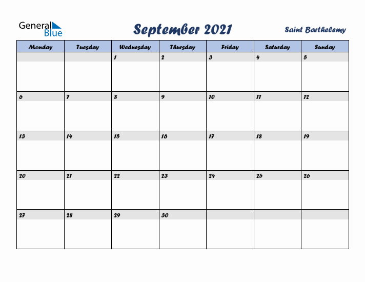 September 2021 Calendar with Holidays in Saint Barthelemy