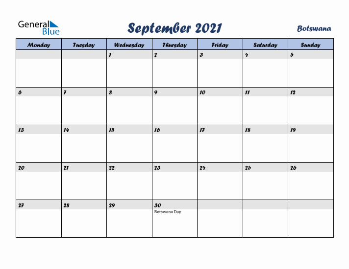 September 2021 Calendar with Holidays in Botswana