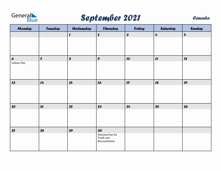 September 2021 Calendar with Holidays in Canada