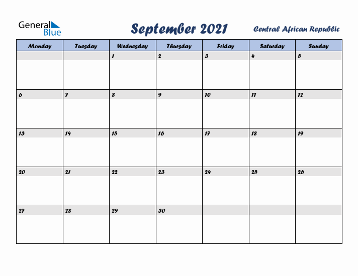 September 2021 Calendar with Holidays in Central African Republic