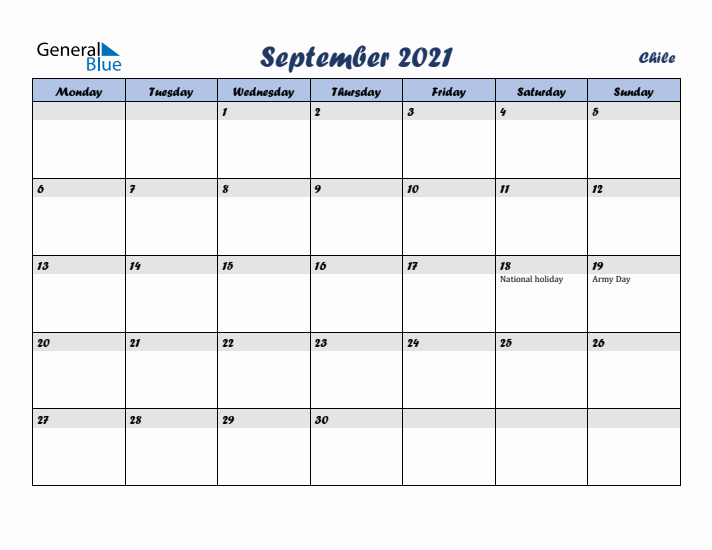 September 2021 Calendar with Holidays in Chile