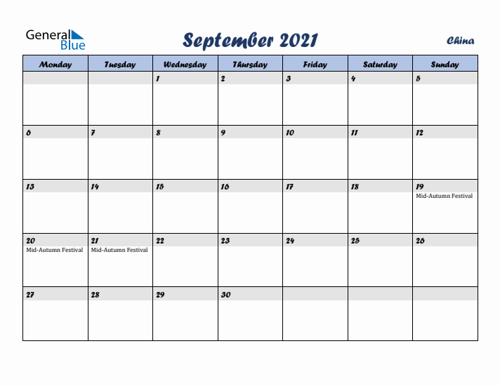 September 2021 Calendar with Holidays in China