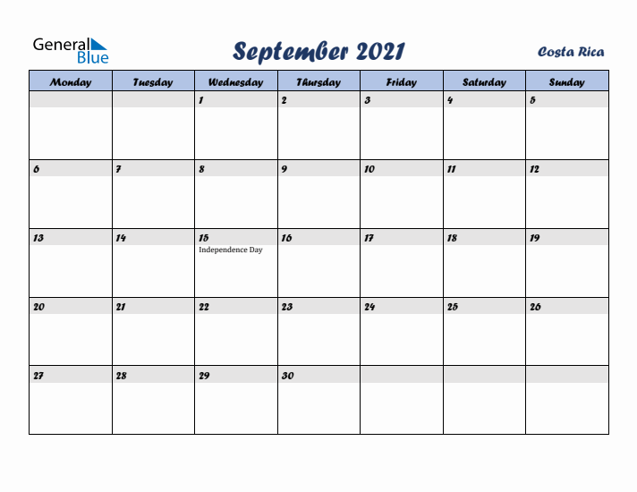 September 2021 Calendar with Holidays in Costa Rica