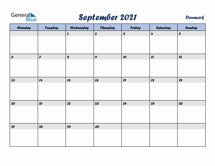 September 2021 Calendar with Holidays in Denmark