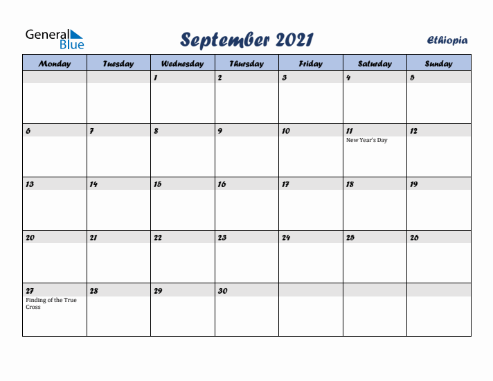 September 2021 Calendar with Holidays in Ethiopia