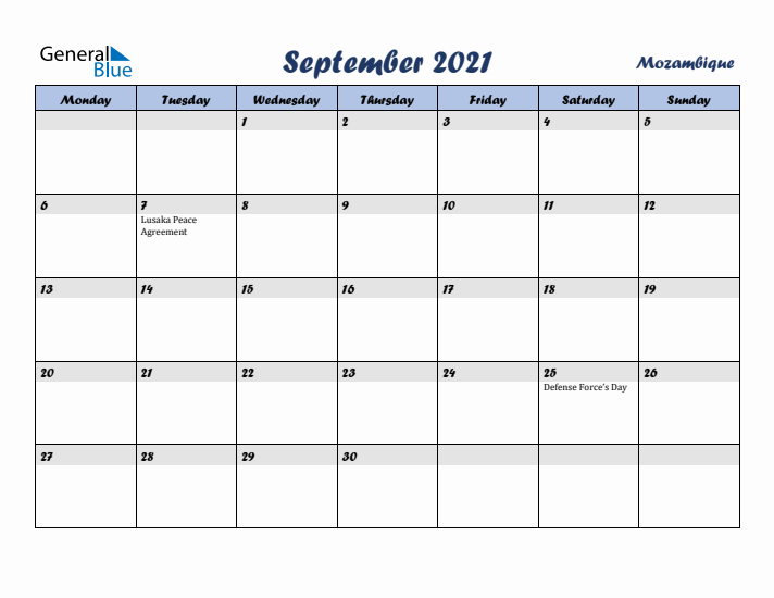 September 2021 Calendar with Holidays in Mozambique