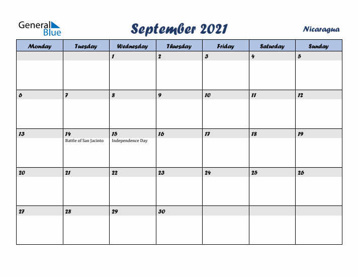 September 2021 Calendar with Holidays in Nicaragua