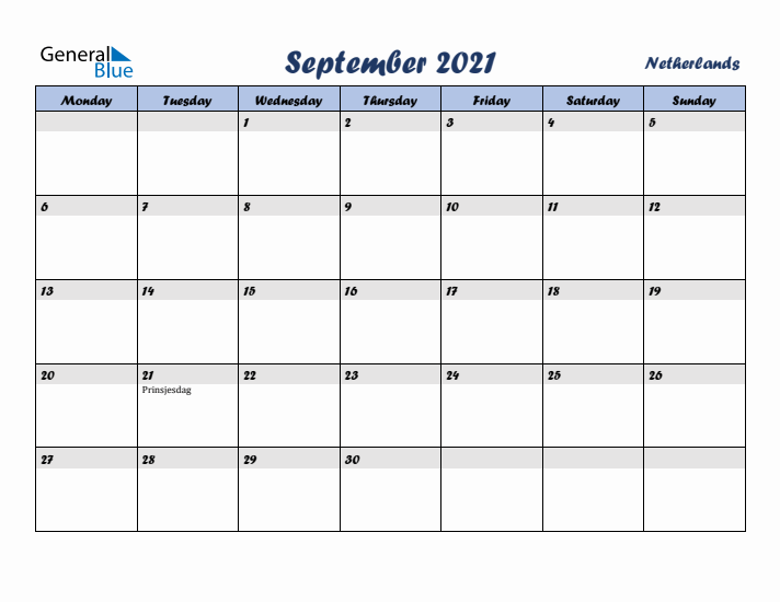 September 2021 Calendar with Holidays in The Netherlands