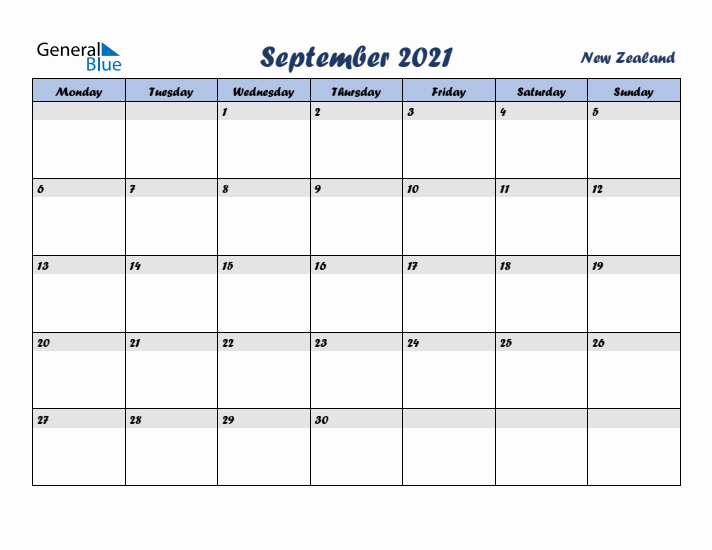 September 2021 Calendar with Holidays in New Zealand