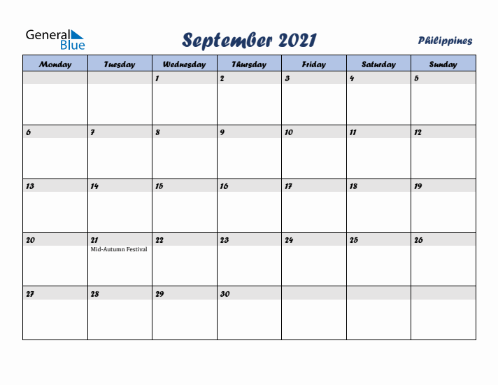 September 2021 Calendar with Holidays in Philippines