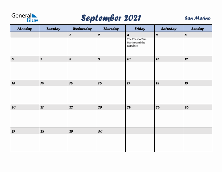September 2021 Calendar with Holidays in San Marino