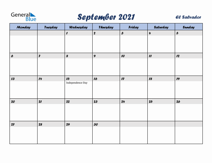 September 2021 Calendar with Holidays in El Salvador