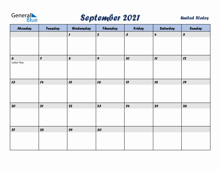 September 2021 Calendar with Holidays in United States