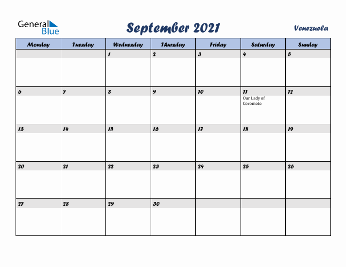 September 2021 Calendar with Holidays in Venezuela