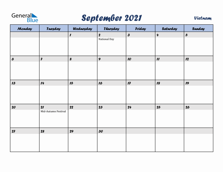 September 2021 Calendar with Holidays in Vietnam