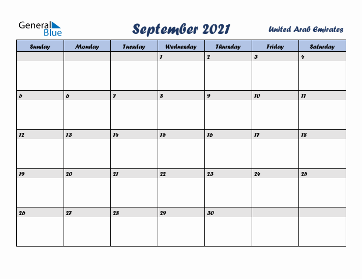 September 2021 Calendar with Holidays in United Arab Emirates