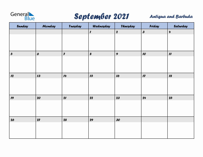 September 2021 Calendar with Holidays in Antigua and Barbuda