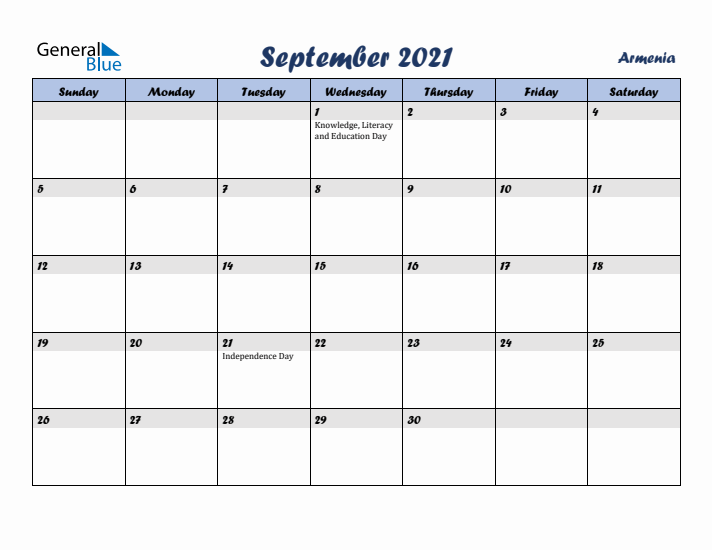 September 2021 Calendar with Holidays in Armenia
