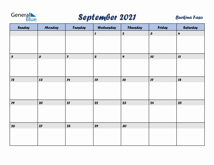 September 2021 Calendar with Holidays in Burkina Faso