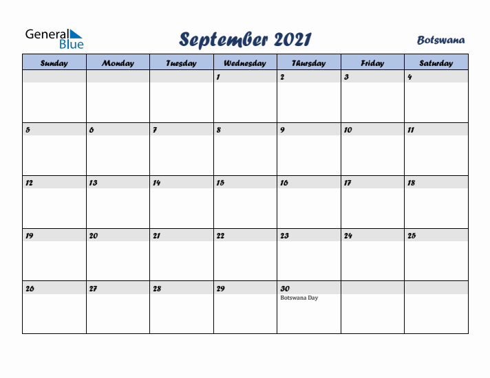 September 2021 Calendar with Holidays in Botswana