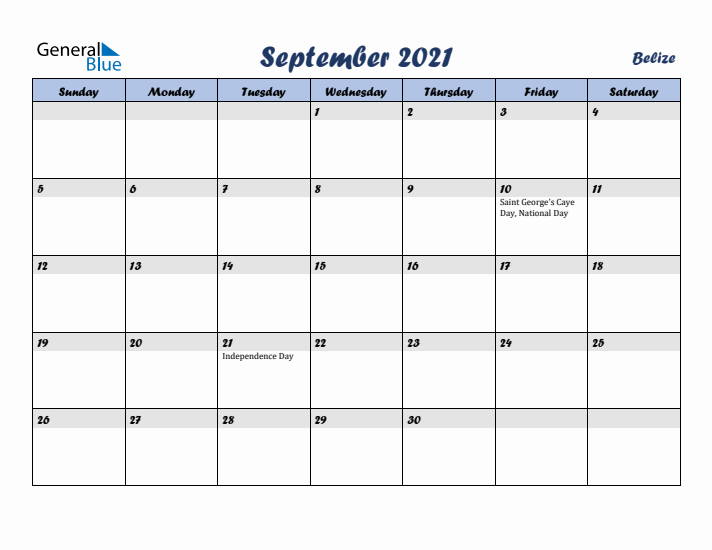 September 2021 Calendar with Holidays in Belize