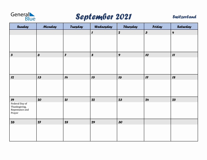 September 2021 Calendar with Holidays in Switzerland