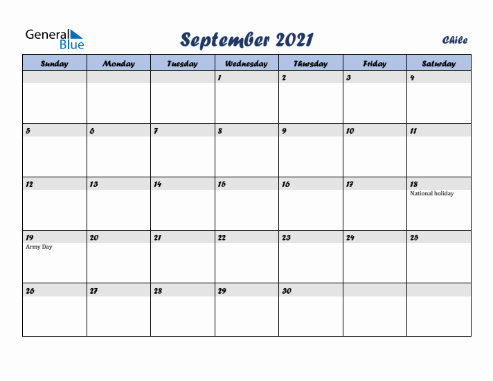September 2021 Calendar with Holidays in Chile