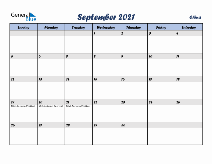 September 2021 Calendar with Holidays in China