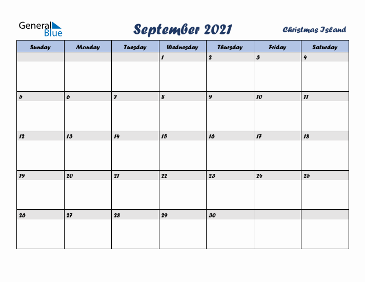 September 2021 Calendar with Holidays in Christmas Island