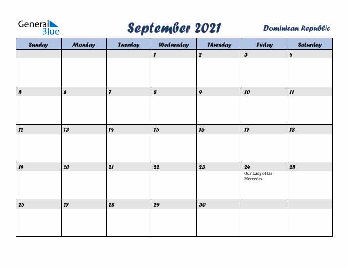 September 2021 Calendar with Holidays in Dominican Republic