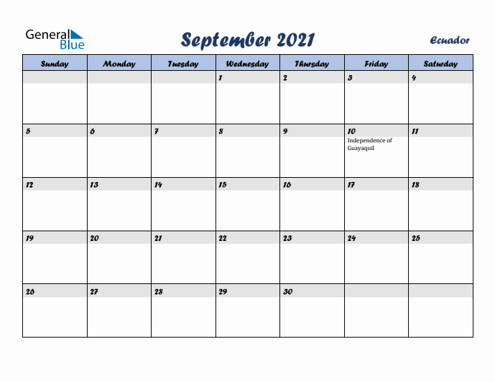 September 2021 Calendar with Holidays in Ecuador