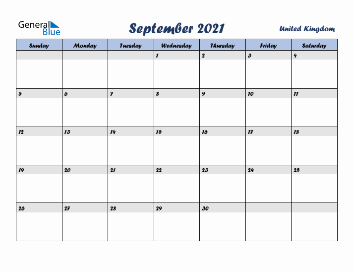 September 2021 Calendar with Holidays in United Kingdom