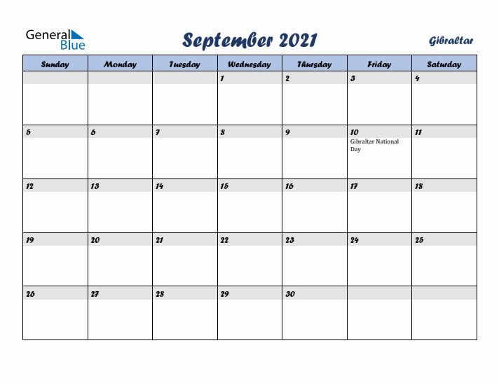 September 2021 Calendar with Holidays in Gibraltar