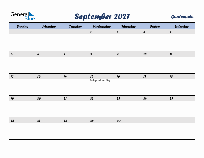 September 2021 Calendar with Holidays in Guatemala