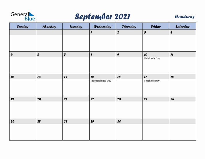 September 2021 Calendar with Holidays in Honduras