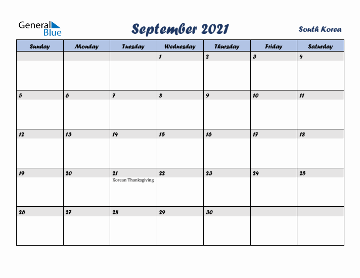 September 2021 Calendar with Holidays in South Korea