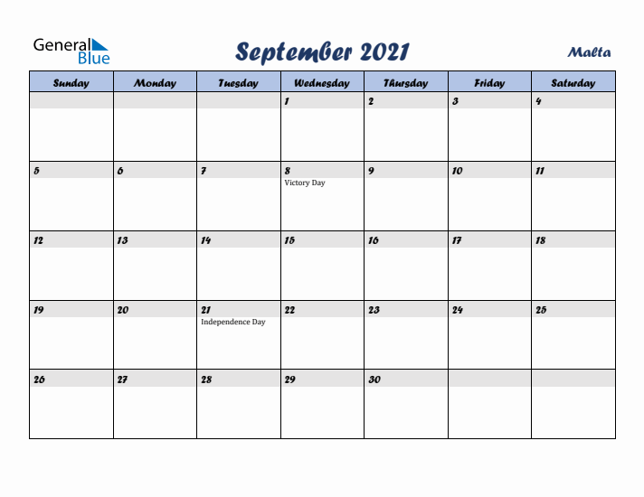 September 2021 Calendar with Holidays in Malta