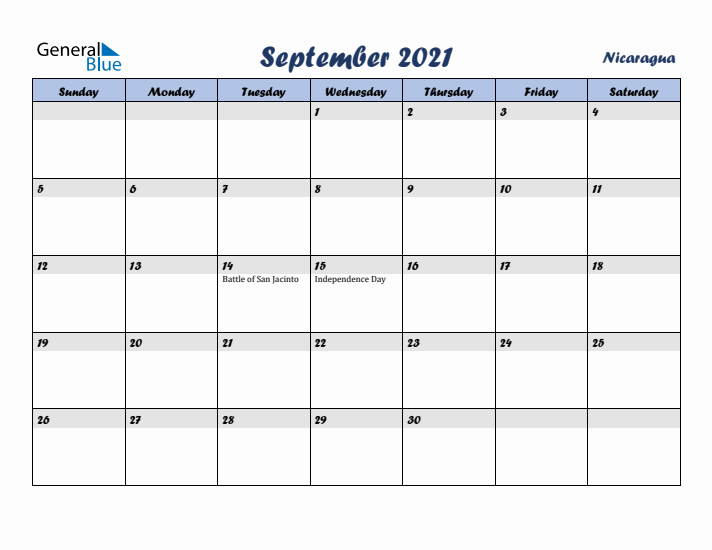 September 2021 Calendar with Holidays in Nicaragua