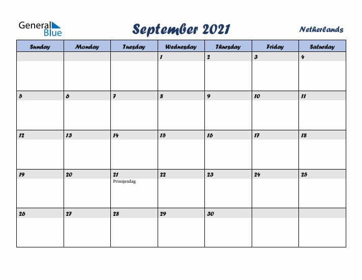 September 2021 Calendar with Holidays in The Netherlands