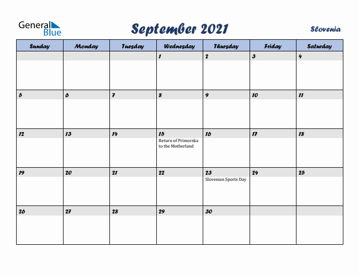 September 2021 Calendar with Holidays in Slovenia