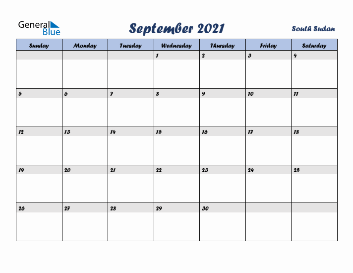 September 2021 Calendar with Holidays in South Sudan