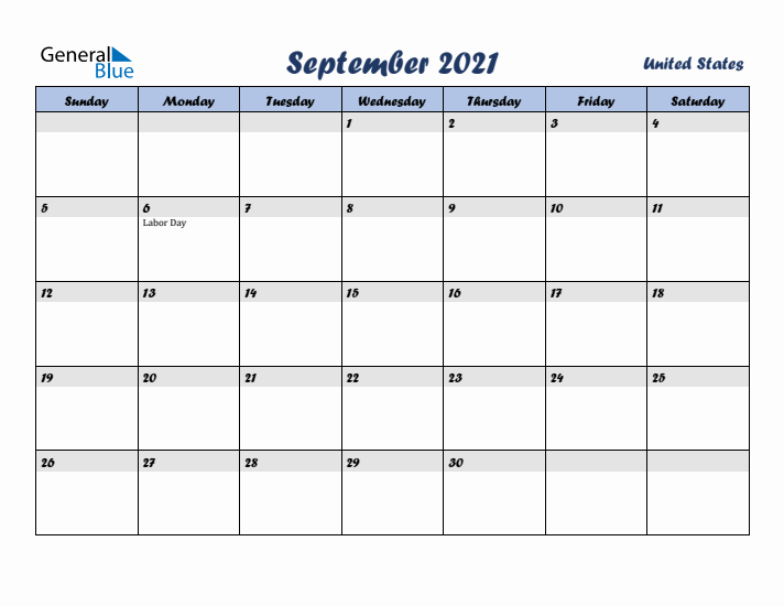 September 2021 Calendar with Holidays in United States